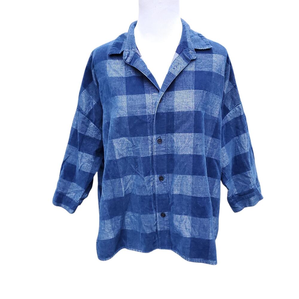 CP Shade Blue Fine Whale Corduroy Blue Plaid Check Button Down Top Shirt Sz M